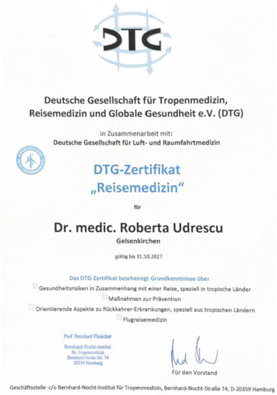 DTG-Zertifikat für Reisemedizin Roberta Udrescu